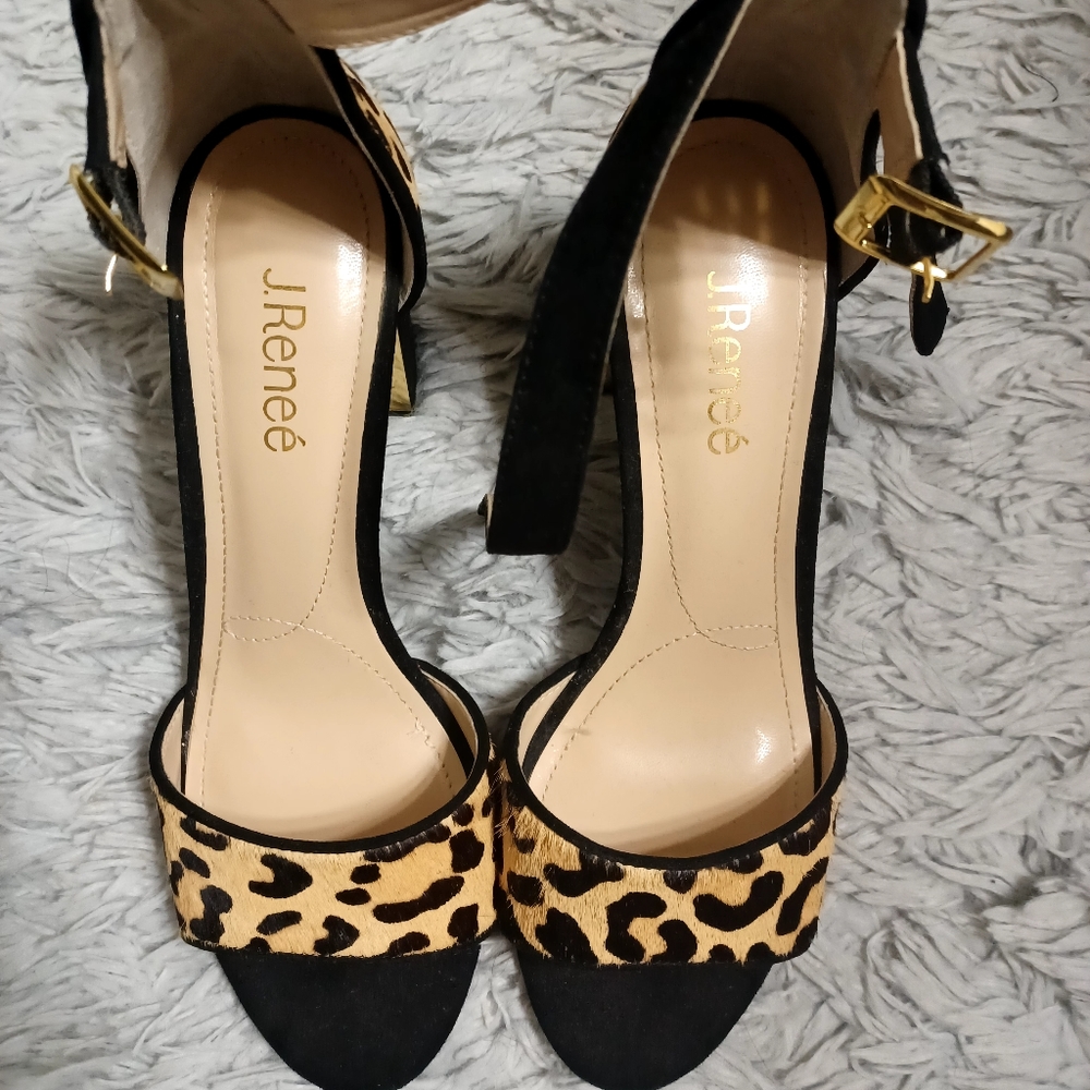 J.Renee animal print open toe,black,gold and some metallic, size 9.